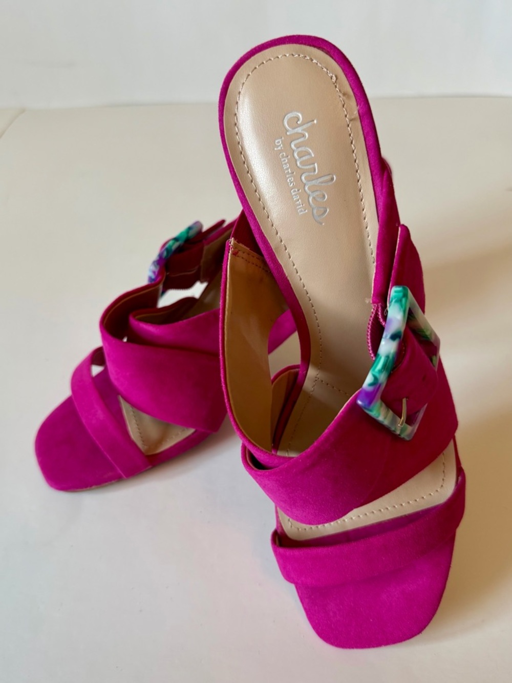 Charles By Charles David Bright Fuchsia Suede Slide Mules with Marbled Buckle